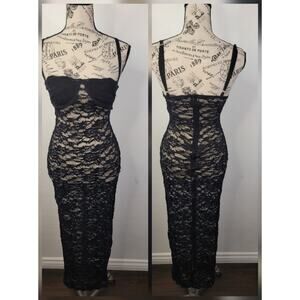 Miss Lola Sheer Lace Slip Maxi Dress Womens SZ Small Bustier Floral Black Mesh